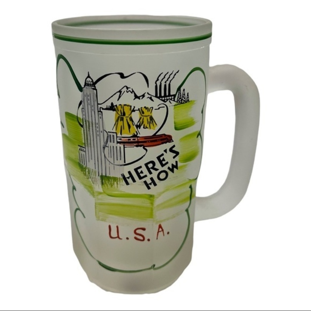HAZEL ATLAS Vintage Gay Fad Frosted Glass Beer Mug Hand Painted Here’s How USA